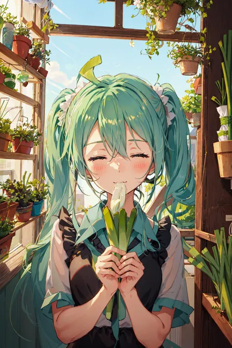 hatsune miku, ((spring onion)), holding spring onion, greenhouse ...