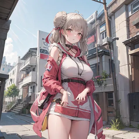 anime girl in a short skirt and jacket standing on a street corner