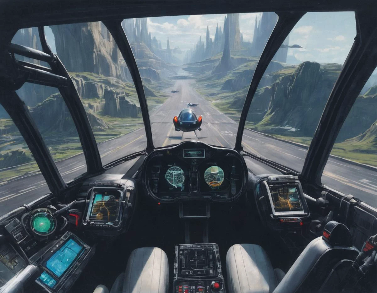 syme, view from inside the cockpit of a flying car