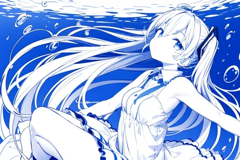 masterpiece, best quality, 1girl, long hair, bubble, hatsune miku, air bubble, solo, dress, very long hair, underwater, kneehighs, skirt, water, blue hair, blue eyes, bottle miku, expressionless, looking at another, from side, shinkai shoujo \(vocaloid\), flying,
<lora:himurakiseki:1>, (((monochrome))), blue lines, breasts, lineart,