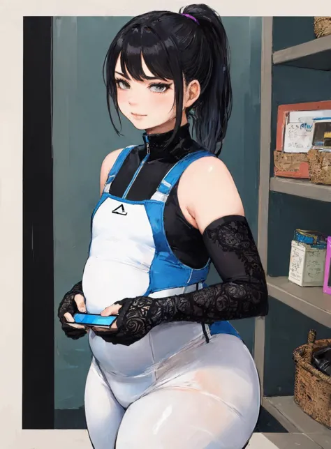 1girl, tight cloth bodysuit, (looking at smartphone:1.2), high ponytail, black hair, too important, smug, flat_chest, fat, (best quality, masterpiece, [insanely detailed], intricate:1.2), absurdres, [ultra detailed], [sharp focus], [high definition], matur...