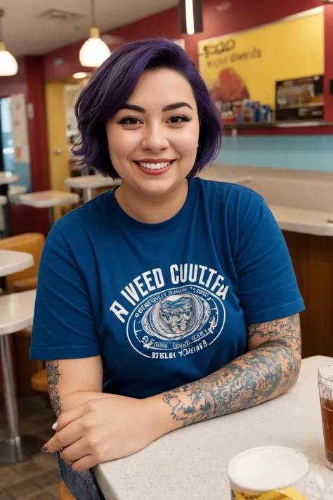 (best quality, masterpiece, high detail:1.2), street photography photo of a young woman with purple hair, smile, happy, cute t-shirt, tattoos on her arms, sitting in a 50s diner 
mature female, thick arms, <lora:plump-strong:1>