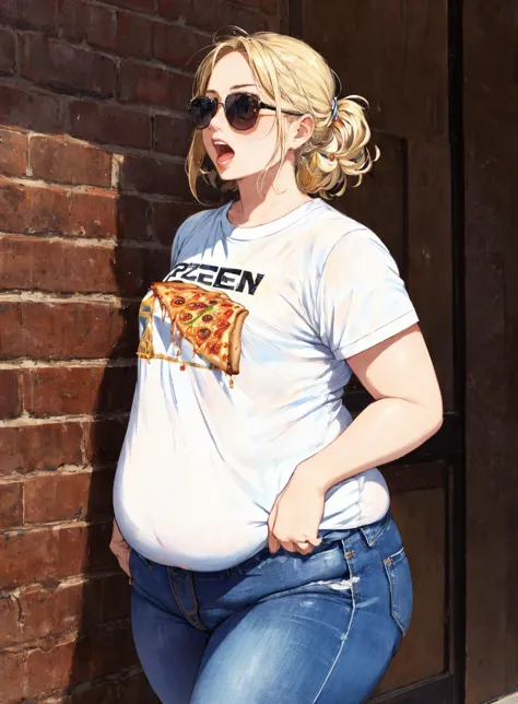 open mouth, 1girl, eating pizza, pretty top, detailed shirt, tight jeans, sunglasses, blonde hair, flat_chest, plump, (sexual energy:1.2), shirt lift <lora:add_detail:0.8>, (best quality, masterpiece, [insanely detailed], intricate:1.2), absurdres, [ultra ...