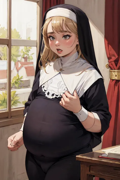 (best quality, masterpiece, high detail:1.2), 1girl, nun, beautiful, shocked, (weight gain:1.2),
[undersized clothes], ripping seams,
fat rolls, bulges, plump, flat chest, small breasts, 
mature female, thick arms, <lora:plump-strong:1>