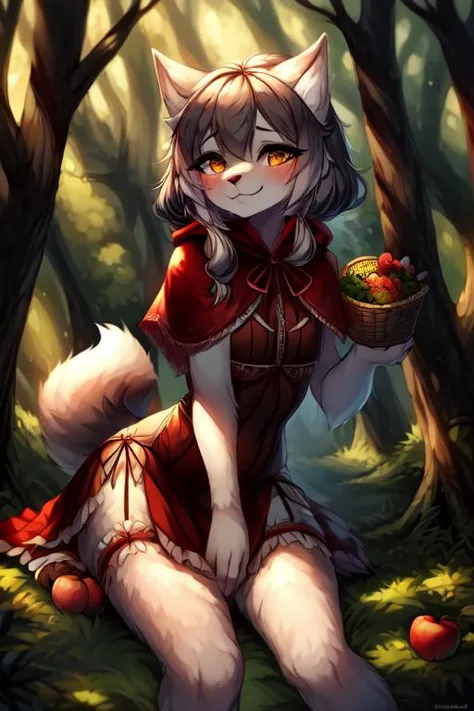 furry anthro wolf girl in red riding hood costume,
highly detailed body fur, gray fur,
cute, smiles seraphicly innocently,
a basket of apples,
wolf paws, wolf tail, wolf snout, girly hairstyle, twinkle eyes,
in the forest with trees and leaves