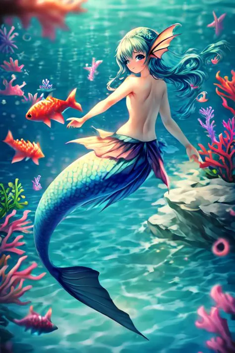 aesthetic best quality 4k 8k 16k hdr wallpaper, 1girl, mermaid, full body, cute, swimming in the sea, head fins, human skin, fish lower-body instead of feet/legs with scales, tropical, coral reef, (many fishes around there:1.4), (shining surface of the wat...