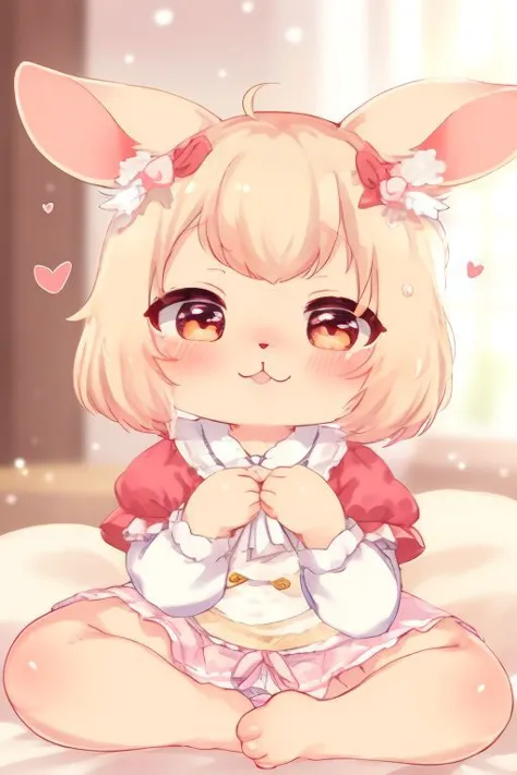 a cartoon girl with a bunny ears sitting on a bed