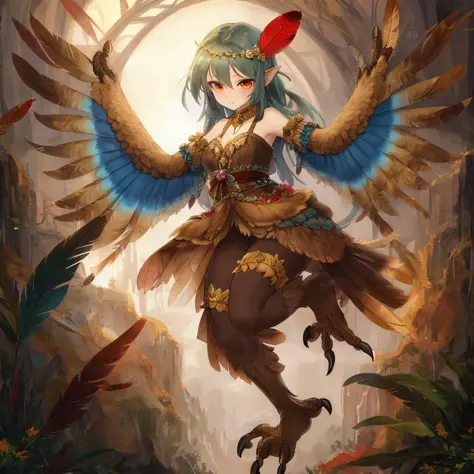 masterpiece, best quality, highly detailed artwork,
(a harpy girl:1.4), talons, big wings,( winged arms, feathers on arms:1.4), human face, bird feet,
cute, award winning