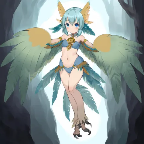 highly detailed artwork, (a harpy girl:1.4), talons, big wings, winged arms, (feathers on arms:1.1), (human face:1.2), cute,
by tsukushi akihito, full body,
in abyss