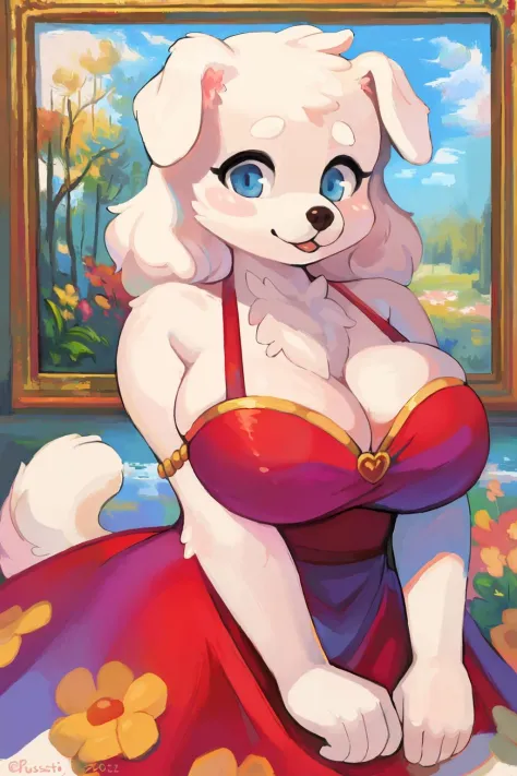 uploaded on e621, questionable content, an extremely talented impressionist painting of a ((white dog)) furry fluffy anthro maiden, cleavage, busty, curvy, big breasts, soft, squishy, pudgy, belly, ((colorfull dress)), ((((detailed fluffy fur)), impasto im...