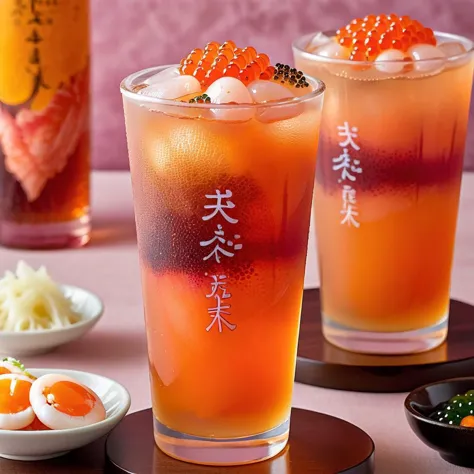 Create a photorealistic image of a unique beverage, composed of layers of salmon roe, slices of salmon sashimi, shrimp eggs, and...