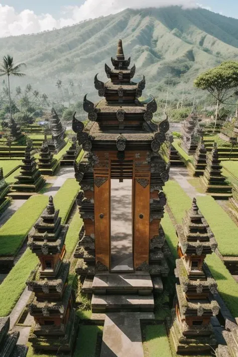 a view of a gate in a garden with a mountain in the background