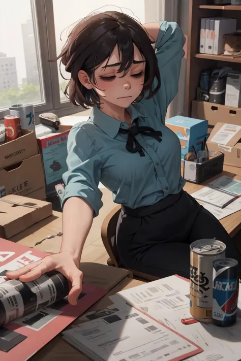 anime girl with glasses and a blue shirt sitting at a desk