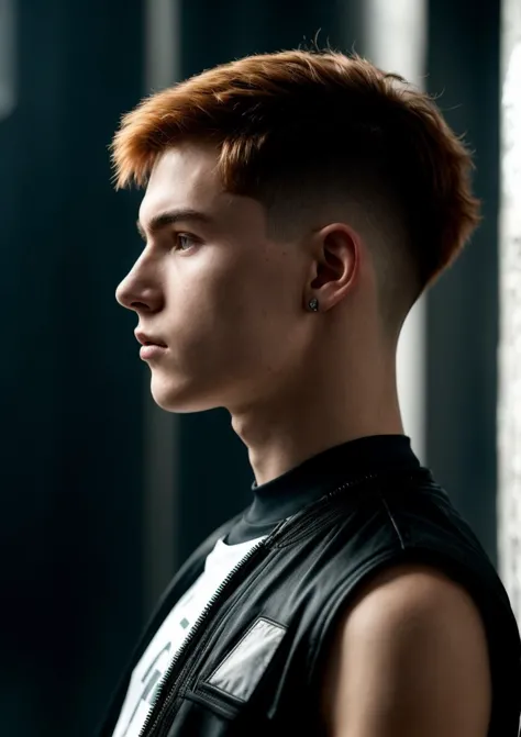 a close up of a man with a mohawk and a leather vest