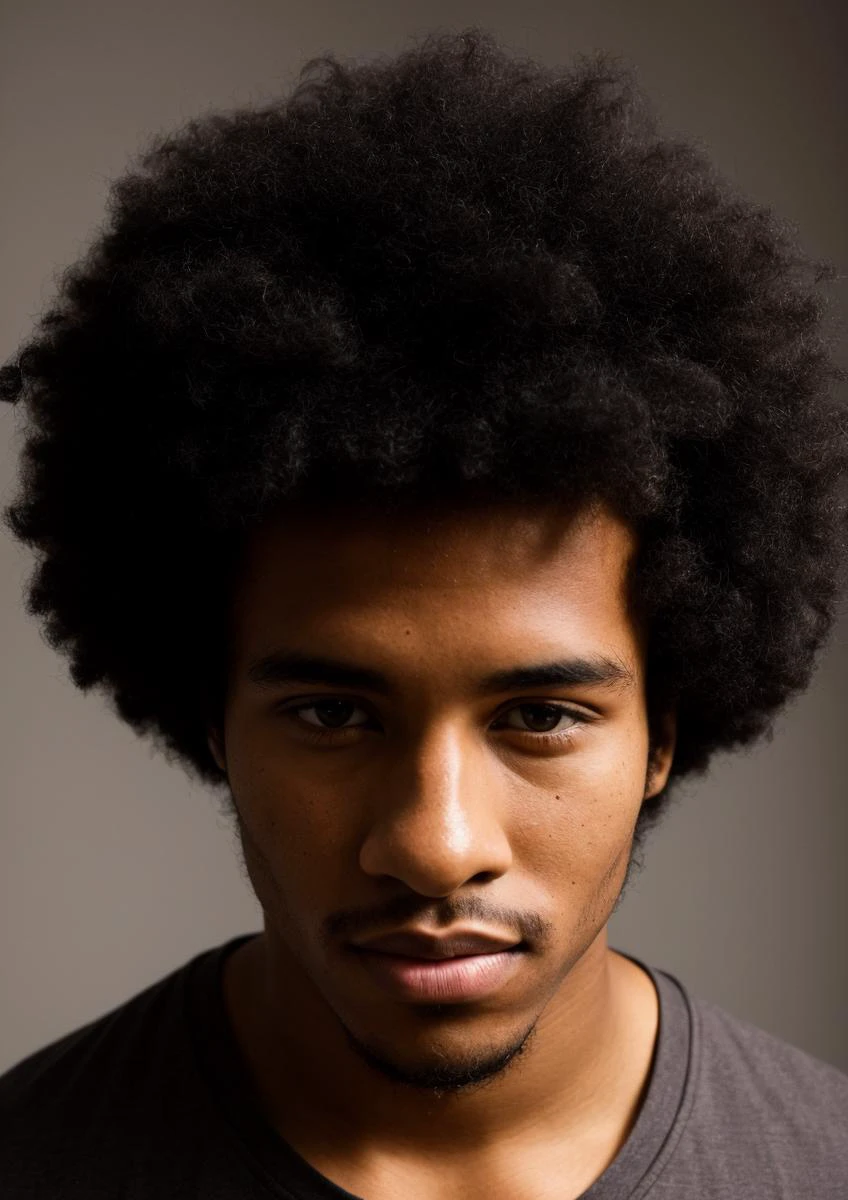 (melhor qualidade), Foto de alto contraste de um homem de 23 anos (Heribald Puddifoot:1.3), cabelo afro