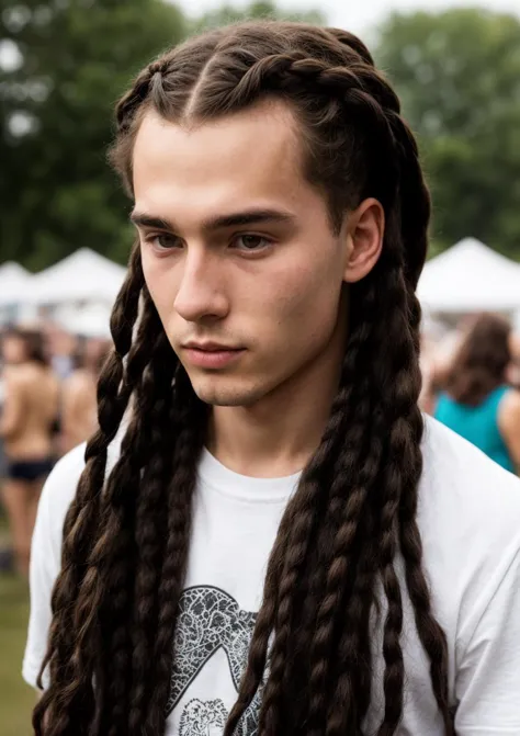 arafed man with long hair and a white shirt at a festival