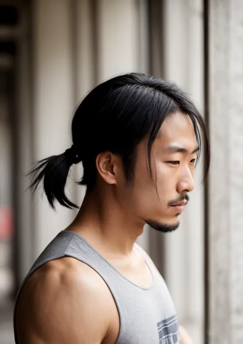 arafed asian man with a ponytail and a gray shirt looking at his cell phone