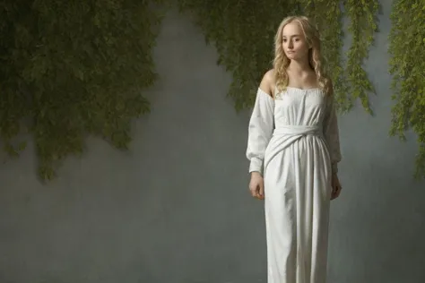 a woman in a white dress standing in front of a tree