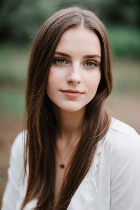 a woman with long hair and blue eyes posing for a photo