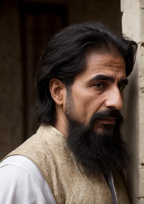 arafed man with long black hair and a beard standing by a wall