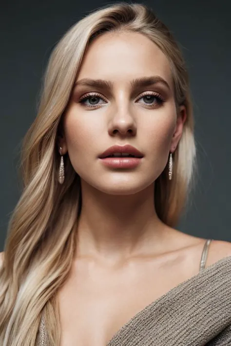 a woman with long blonde hair and earrings posing for a photo