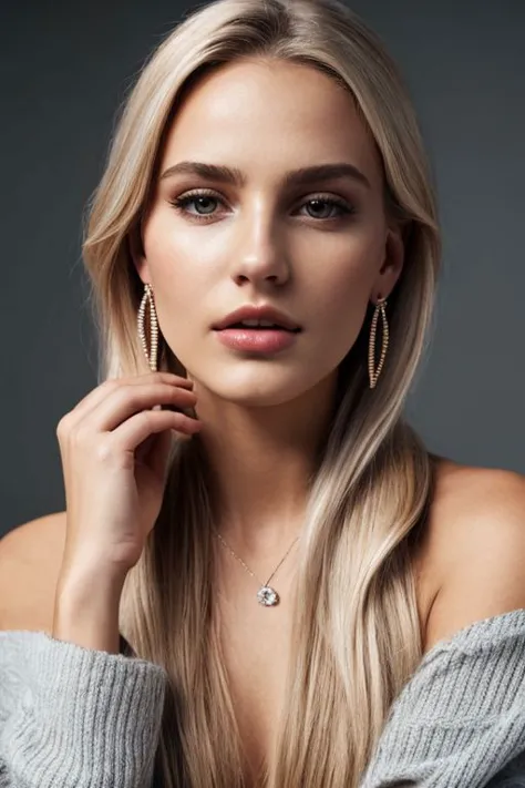 a woman with long blonde hair wearing a grey sweater and earrings