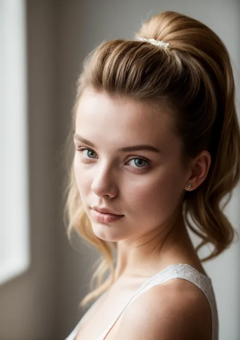 a close up of a woman with a hair bun in a white dress