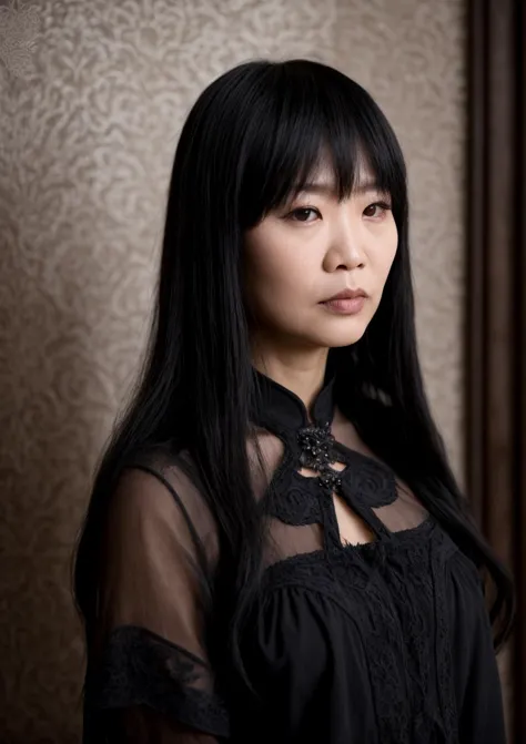 (best quality), Gothic shot of a 1woman of 45yo (Jiao Teng:1.3), Bangs hair