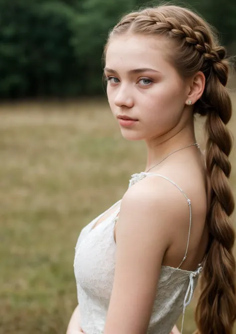 a close up of a woman with a braid in a field