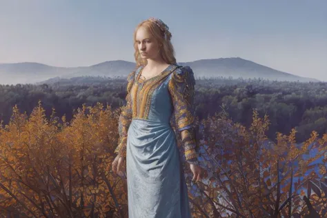 a close up of a woman in a blue dress standing on a hill