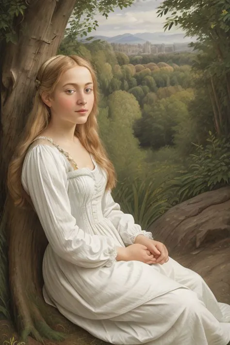 a painting of a woman sitting on a rock in a white dress