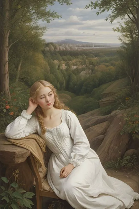 a painting of a woman in a white dress sitting on a bench