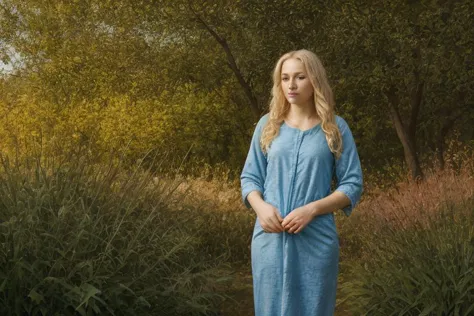 arafed woman in a blue dress standing in a field