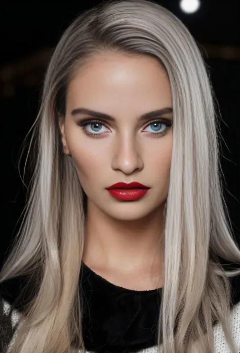 1girl,black background,forehead,grey eyes,lips,long hair,looking at viewer,makeup,mole,nose,portrait,realistic,red lips,Raw phot...