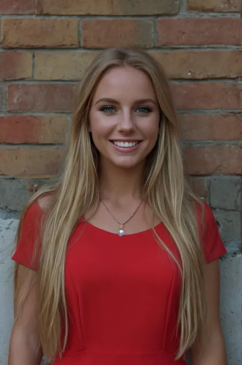 Frau,against Wand,Blondes Haar,brick Wand,Schmuck,Lippen,lange Haare,Betrachter betrachten,Halskette,während,photorealistisch,realistisch,rotes Kleid,rotes Shirt,lächeln,Allein,Zähne,Oberkörper,Wand,