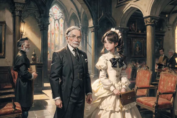 there is a painting of a man and woman standing in a church