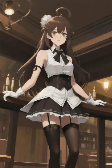 a woman in a maid outfit standing in front of a bar