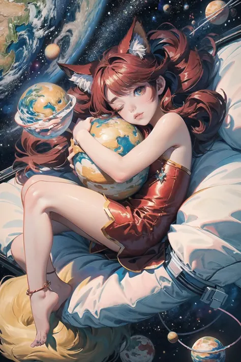 a woman laying on a bed with a globe in her lap