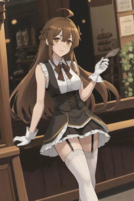 a woman in a maid outfit is sitting on a bar