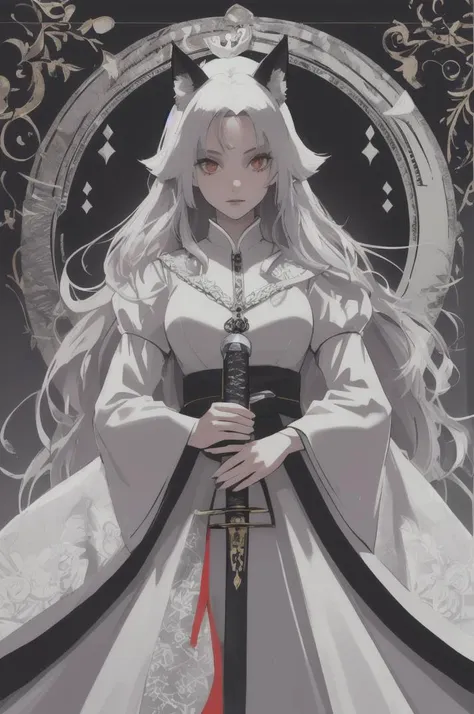 a woman in a white dress holding a sword in her hand