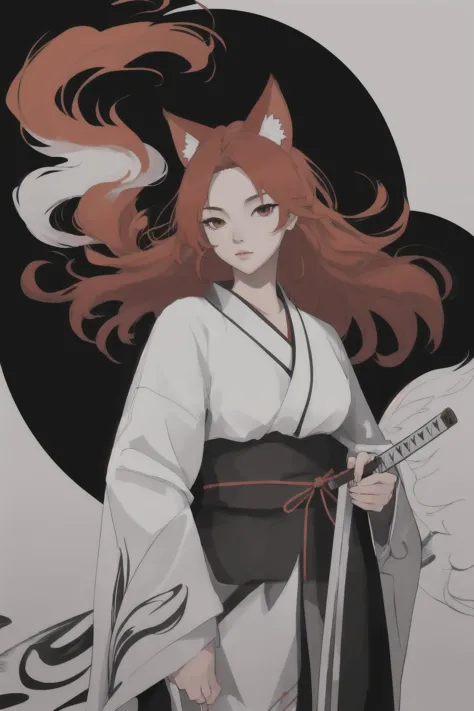 fox ear female pope,Japanese ink painting,golden tail,solo tail,KIMONO,(Kyo Yuzen KIMONO),Bright phoenix kimono pattern,high-res KIMONO details,view from below,long hair,straight hair,light red color hair,(contrast:1.4),(high-res details:1.6),she has Japanese KATANA,high-res Katana details,katana blade length 100cm,black and silver katana blade,The sword blade reflects the shine,, high-res details,32K,high-res eyes details,high-res hair drawing,