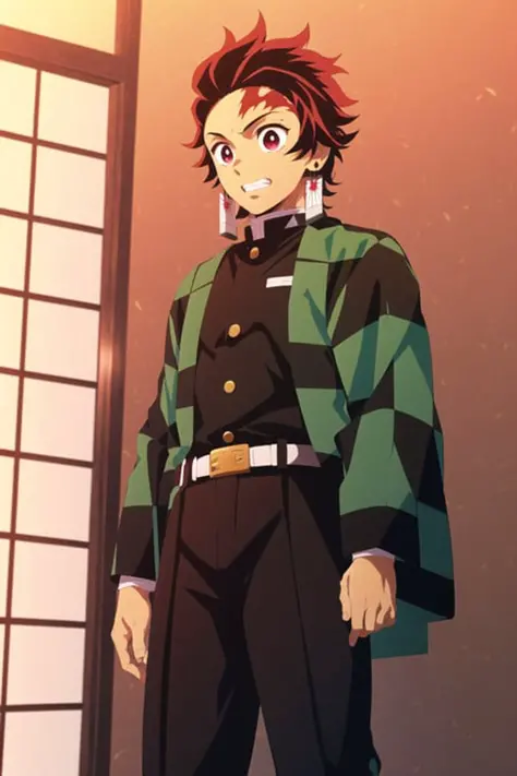 kimetsu no yaiba style, kamado tanjiro, demon slayer uniform, 1boy, male focus, scar on face, weapon, scar, earrings, teeth, jewelry, pants,  scar on forehead, brown hair, belt, black pants, japanese clothes, haori, green haori, solo, red eyes, long sleeves, anime coloring,  ((masterpiece)) <lora:kimetsu_no_yaiba_style_offset:1>