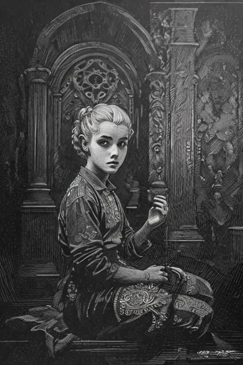 award winning black and white engraving portrait of a pretty young irish (teen girl:1.5), platinum blond, victorian era updo hairstyle, curly locks, blue eyes, wearing a latex harness, (sinister expression:1.2), sitting lotus pose meditation, operating the controls from a wall panel, in a dark brutalist room, concrete, cement, iron, pipes, ducts, valves, bellows, pressure counter, gauges, gears, nuts, bolts, dust, dusty, rust, rusty, dirt, dirty, grease, greasy, intricately detailed, dramatic backlighting