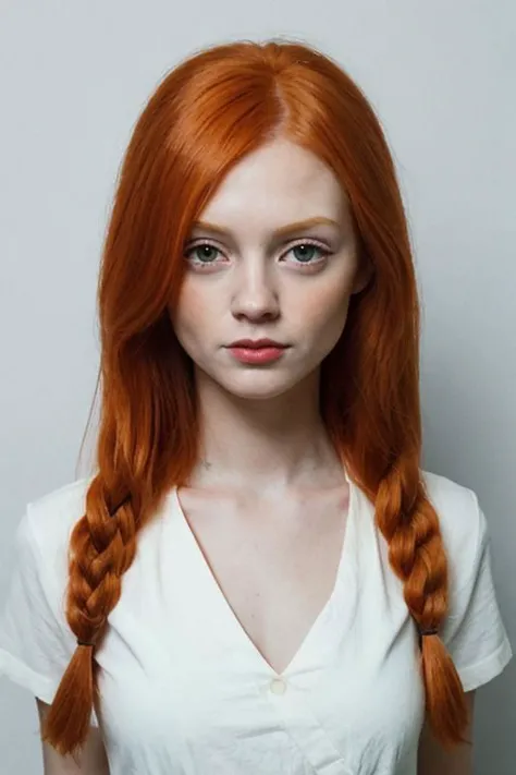 a woman with long red hair and a white shirt