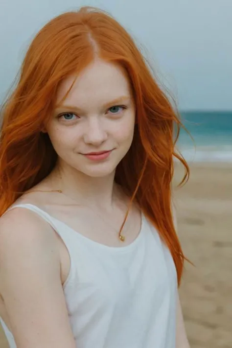 a close up of a woman with red hair on a beach