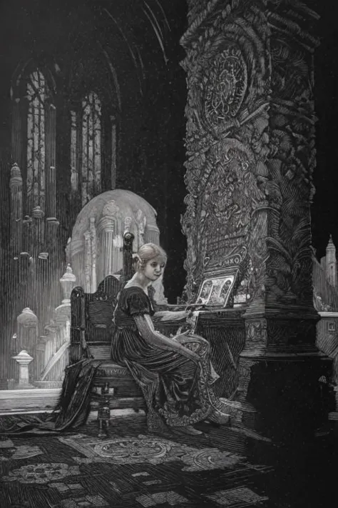 arafed woman sitting at a desk in a gothic setting