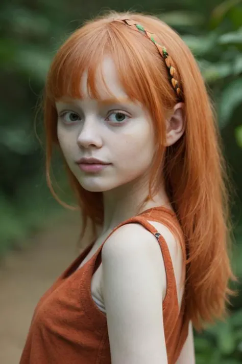 a close up of a young girl with red hair and a brown dress