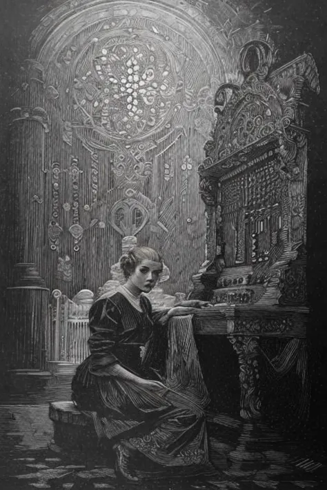 award winning black and white engraving portrait of a pretty young irish (teen girl:1.5), platinum blond, victorian era updo hairstyle, curly locks, blue eyes, wearing a latex harness, (sinister expression:1.2), sitting lotus pose meditation, operating the controls from a wall panel, in a dark brutalist room, concrete, cement, iron, pipes, ducts, valves, bellows, pressure counter, gauges, gears, nuts, bolts, dust, dusty, rust, rusty, dirt, dirty, grease, greasy, intricately detailed, dramatic backlighting