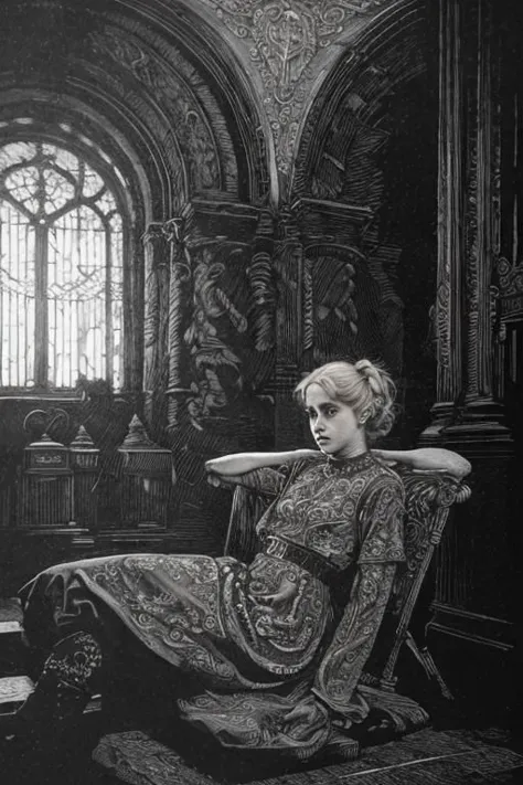 award winning black and white engraving portrait of a pretty young irish (teen girl:1.5), platinum blond, victorian era updo hairstyle, curly locks, blue eyes, wearing a latex harness, (sinister expression:1.2), sitting lotus pose meditation, operating the controls from a wall panel, in a dark brutalist room, concrete, cement, iron, pipes, ducts, valves, bellows, pressure counter, gauges, gears, nuts, bolts, dust, dusty, rust, rusty, dirt, dirty, grease, greasy, intricately detailed, dramatic backlighting