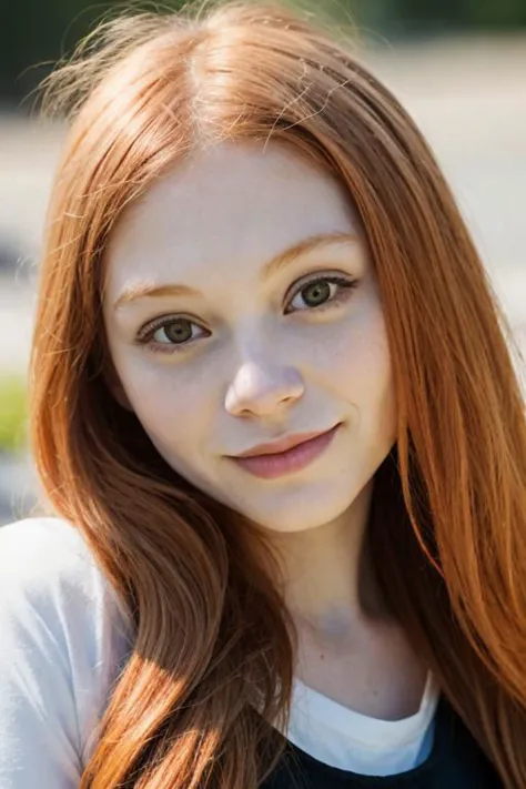 a close up of a woman with long red hair and a white shirt